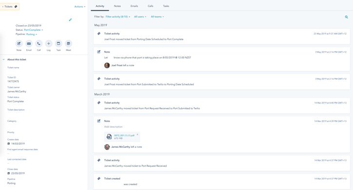 An example of Ticket History timelines in HubSpot Service Hub