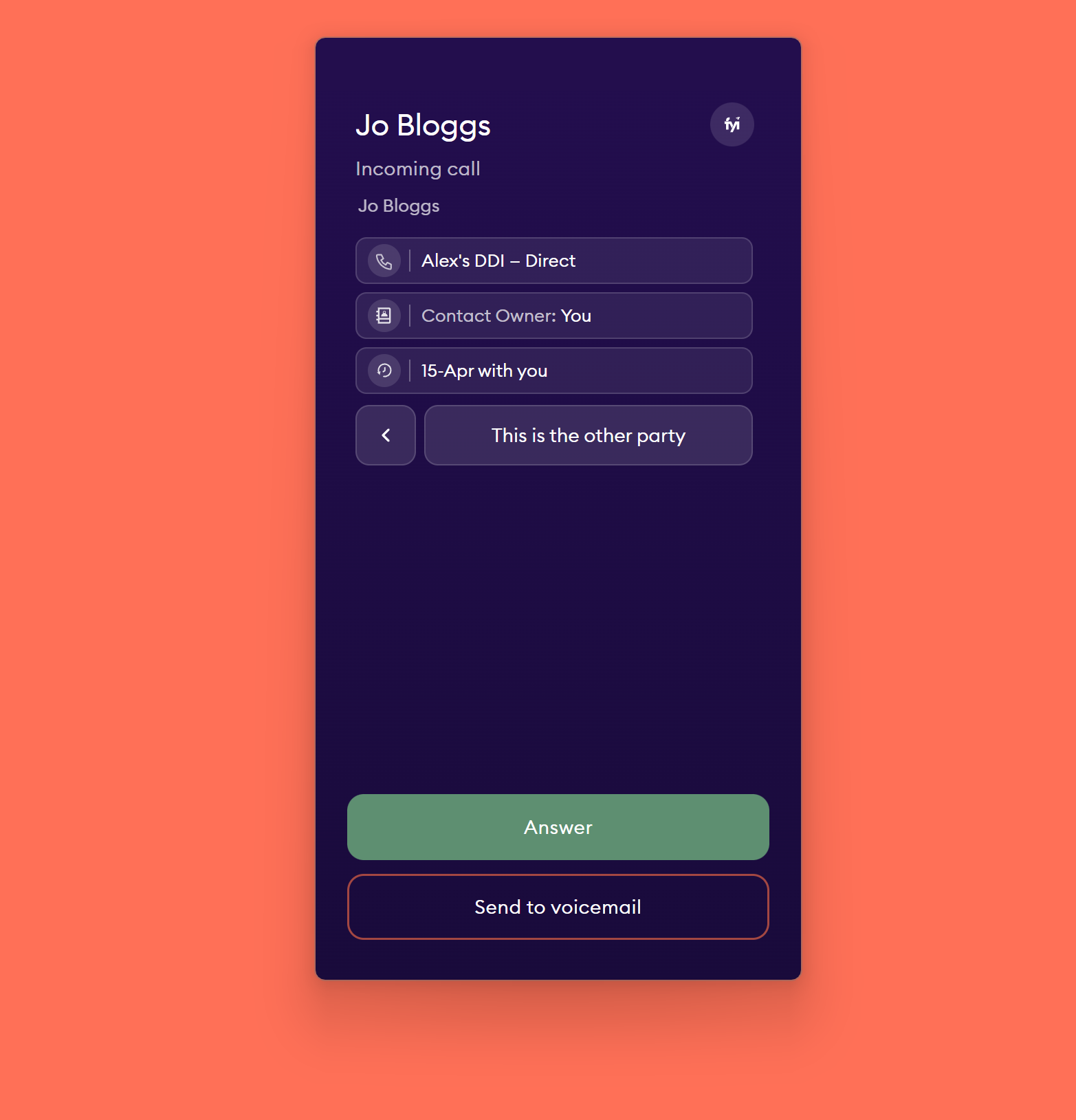 Cradle desktop app showing an inbound call with the FYI client name displayed before answering.