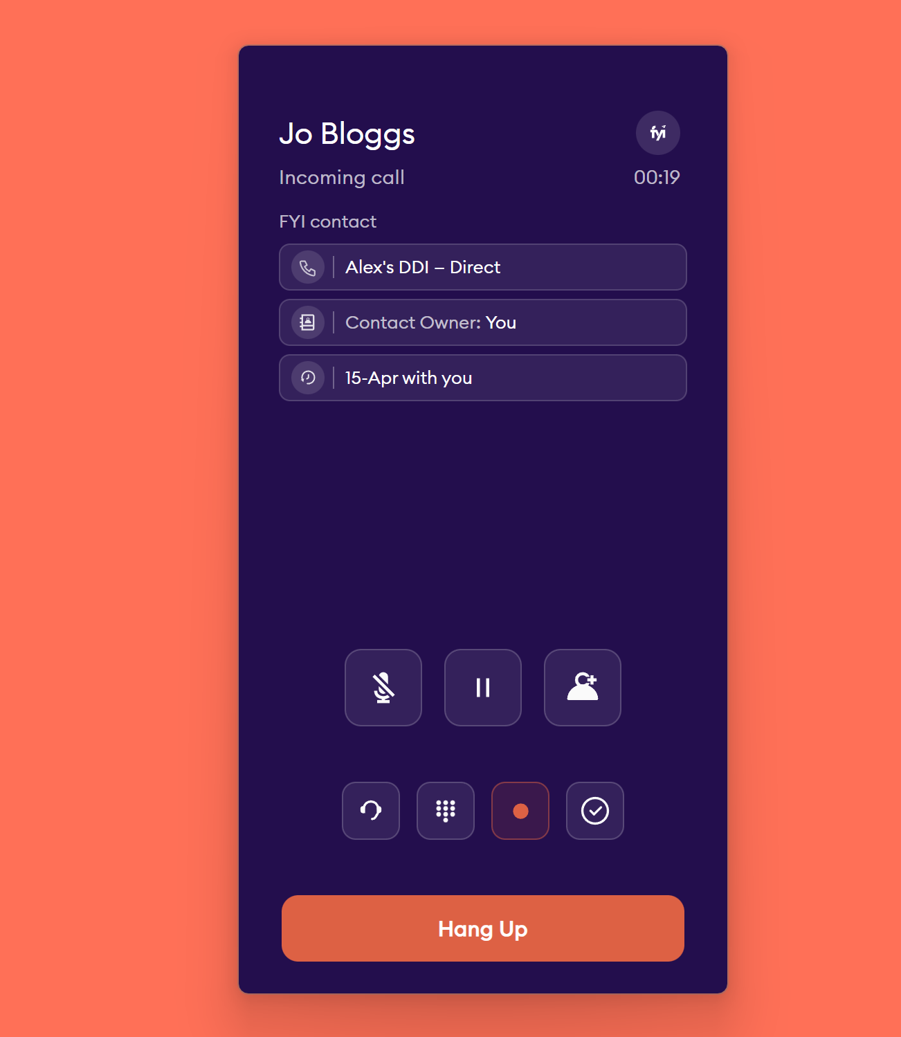 Cradle desktop app during an active call, ready to log into the FYI activity feed at hangup.