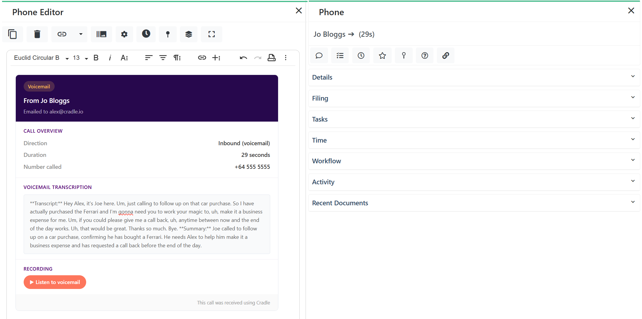 FYI activity feed showing a voicemail entry with the transcribed text logged by Cradle.